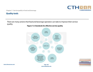 Chapter 7– Service quality in food and beverage

    Quality tools


      There are many actions that food and beverage operators can take to improve their service
      quality.
                                    Figure 7.3: Standards for effective service quality


                                                                              Quality
                                                                             sourcing


                                                                                                       Effective
                                                 Effective
                                                                                                        human
                                              leadership and
                                                                                                       resource
                                                supervision
                                                                                                      management




                                                                           Quality tools
                                            Quality
                                                                                                           Standards of
                                         feedback and
                                                                                                           performance
                                          monitoring
                                                                                                              (SOP’s)
                                            systems




                                                        Effective market
                                                         segmentation,
                                                                                            Quality
                                                         meeting their
                                                                                           schemes
                                                        needs, wants and
                                                          expectations



www.cthresources.com                                                        Page 287
                                                                  www.cthawards.com
 