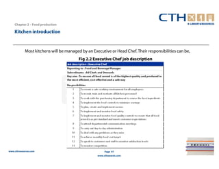Chapter 2 – Food production

    Kitchen introduction


            Most kitchens will be managed by an Executive or Head Chef. Their responsibilities can be,
                                         Fig 2.2 Executive Chef job description




www.cthresources.com                                    Page 47
                                                   www.cthawards.com
 