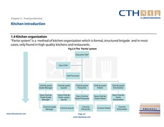 Chapter 2 – Food production

    Kitchen introduction


    1.4 Kitchen organization
    “Partie system” is a method of kitchen organization which is formal, structured brigade and in most
    cases, only found in high quality kitchens and restaurants.
                                                              Fig 2.4 The ‘Partie’ system

                                                                     Executive Chef




                                                  Sous Chef




                                                           Chef Tournant



                            Chef de partie       Chef de partie      Chef de partie     Chef de partie       Chef de partie
                            Grade Manager           Saucier           Poissonier           Patiser            Entremetier


                            Demi Chef de         Demi Chef de                                                Demi Chef de
                                                                     Demi Chef de       Demi Chef de
                            Partie Grade         Partie partie                                                   Partie
                                                                    Partie Poissonier   Partie Patiser
                              Manager              Saucier                                                    Entremetier


                                  Commis Grade                              Commis                                 Commis
                                                   Commis Saucier                           Commis Patiser
                                    Manager                                Poissonier                             Entremetier

www.cthresources.com                                                    Page 52
                                                                  www.cthawards.com
 
