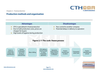 Chapter 2 – Food production

    Production methods and organisation



                             Advantages                                                          Disadvantages
                CPU is specialised in food production                                  Pass control to another company
                Due to bulk production costs, prices are                               Potential delays in delivery to operation
                cheaper for buyers
                High levels of hygiene during production



                                              Figure 2.11 The cook- freeze process



                          Central                       CPU delivers
       Hotel or                                                                Operation
                        production                      food to hotel                             Food is                        Food is
      restaurant                                                             stores food in                    Consumers
                        unit (CPU)     Blast chilling      or other                            thawed and                     reheated and
     creates dish                                                             refrigeration                    order food
                         produces                        hospitality                             en place                        served
     specification                                                             or freezers
                       food off site                      operation




www.cthresources.com                                               Page 73
                                                              www.cthawards.com
 