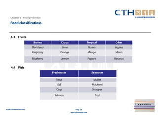Chapter 2 – Food production

    Food classifications


    4.3 Fruits
                        Berries              Citrus                   Tropical          Other
                       Blackberry             Lime                        Guava         Apples
                       Raspberry         Orange                           Mango         Melon

                       Blueberry          Lemon                           Papaya        Bananas


     4.4 Fish
                                    Freshwater                              Seawater

                                      Trout                                   Mullet
                                       Ecl                                   Mackerel
                                       Carp                                  Snapper

                                     Salmon                                    Cod



www.cthresources.com                                       Page 76
                                                      www.cthawards.com
 