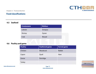 Chapter 2 – Food production

    Food classifications


     4.5 Seafood
                          Crustaceans      Mollusc

                          Lobster          Octopus

                          Shrimp           Oyster

                          Crab             Mussel



     4.6 Poultry and game
                        Poultry         Feathered game          Furred game

                        Chicken         Woodcock                Rabbit

                        Capon           Quail                   Hare

                        Goose           Partridge

                        Turkey

www.cthresources.com                             Page 77
                                            www.cthawards.com
 