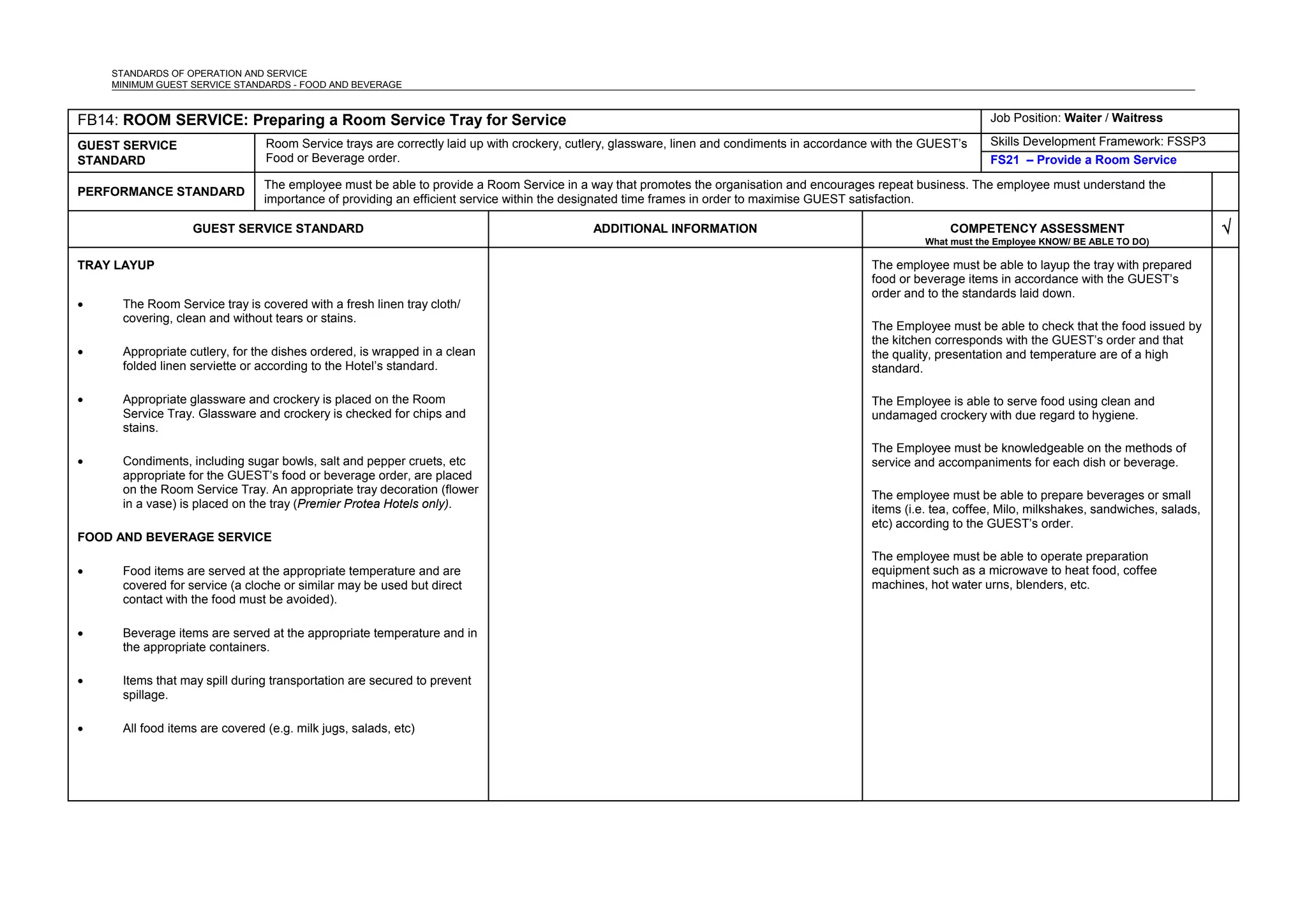 STANDARDS OF OPERATION AND SERVICE
MINIMUM GUEST SERVICE STANDARDS - FOOD AND BEVERAGE
FB14: ROOM SERVICE: Preparing a Room Service Tray for Service Job Position: Waiter / Waitress
GUEST SERVICE
STANDARD
Room Service trays are correctly laid up with crockery, cutlery, glassware, linen and condiments in accordance with the GUEST’s
Food or Beverage order.
Skills Development Framework: FSSP3
FS21 – Provide a Room Service
PERFORMANCE STANDARD
The employee must be able to provide a Room Service in a way that promotes the organisation and encourages repeat business. The employee must understand the
importance of providing an efficient service within the designated time frames in order to maximise GUEST satisfaction.
GUEST SERVICE STANDARD ADDITIONAL INFORMATION COMPETENCY ASSESSMENT
What must the Employee KNOW/ BE ABLE TO DO)
√
TRAY LAYUP
• The Room Service tray is covered with a fresh linen tray cloth/
covering, clean and without tears or stains.
• Appropriate cutlery, for the dishes ordered, is wrapped in a clean
folded linen serviette or according to the Hotel’s standard.
• Appropriate glassware and crockery is placed on the Room
Service Tray. Glassware and crockery is checked for chips and
stains.
• Condiments, including sugar bowls, salt and pepper cruets, etc
appropriate for the GUEST’s food or beverage order, are placed
on the Room Service Tray. An appropriate tray decoration (flower
in a vase) is placed on the tray (Premier Protea Hotels only).
FOOD AND BEVERAGE SERVICE
• Food items are served at the appropriate temperature and are
covered for service (a cloche or similar may be used but direct
contact with the food must be avoided).
• Beverage items are served at the appropriate temperature and in
the appropriate containers.
• Items that may spill during transportation are secured to prevent
spillage.
• All food items are covered (e.g. milk jugs, salads, etc)
The employee must be able to layup the tray with prepared
food or beverage items in accordance with the GUEST’s
order and to the standards laid down.
The Employee must be able to check that the food issued by
the kitchen corresponds with the GUEST’s order and that
the quality, presentation and temperature are of a high
standard.
The Employee is able to serve food using clean and
undamaged crockery with due regard to hygiene.
The Employee must be knowledgeable on the methods of
service and accompaniments for each dish or beverage.
The employee must be able to prepare beverages or small
items (i.e. tea, coffee, Milo, milkshakes, sandwiches, salads,
etc) according to the GUEST’s order.
The employee must be able to operate preparation
equipment such as a microwave to heat food, coffee
machines, hot water urns, blenders, etc.
 
