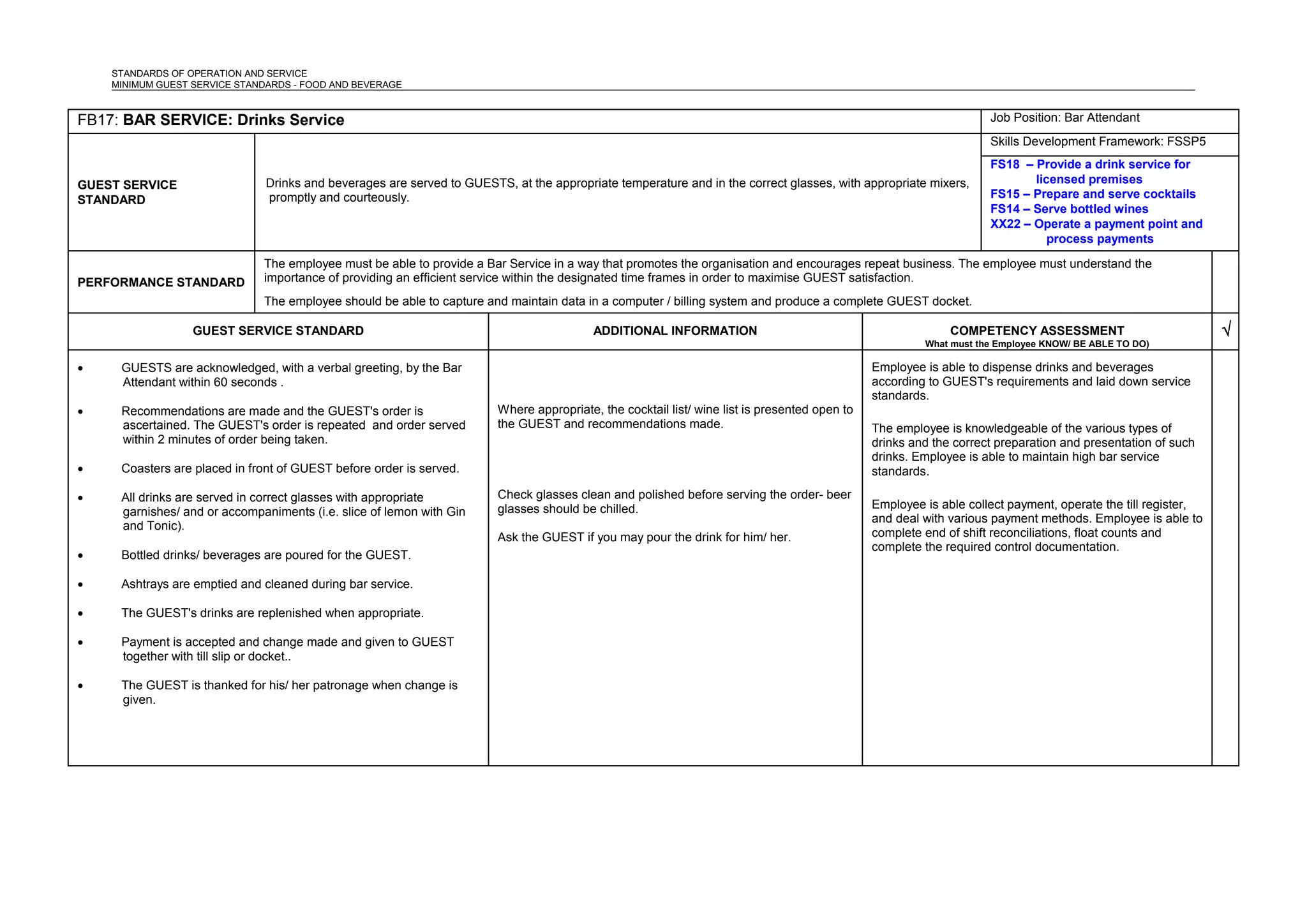 STANDARDS OF OPERATION AND SERVICE
MINIMUM GUEST SERVICE STANDARDS - FOOD AND BEVERAGE
FB17: BAR SERVICE: Drinks Service Job Position: Bar Attendant
GUEST SERVICE
STANDARD
Drinks and beverages are served to GUESTS, at the appropriate temperature and in the correct glasses, with appropriate mixers,
promptly and courteously.
Skills Development Framework: FSSP5
FS18 – Provide a drink service for
licensed premises
FS15 – Prepare and serve cocktails
FS14 – Serve bottled wines
XX22 – Operate a payment point and
process payments
PERFORMANCE STANDARD
The employee must be able to provide a Bar Service in a way that promotes the organisation and encourages repeat business. The employee must understand the
importance of providing an efficient service within the designated time frames in order to maximise GUEST satisfaction.
The employee should be able to capture and maintain data in a computer / billing system and produce a complete GUEST docket.
GUEST SERVICE STANDARD ADDITIONAL INFORMATION COMPETENCY ASSESSMENT
What must the Employee KNOW/ BE ABLE TO DO)
√
• GUESTS are acknowledged, with a verbal greeting, by the Bar
Attendant within 60 seconds .
• Recommendations are made and the GUEST's order is
ascertained. The GUEST's order is repeated and order served
within 2 minutes of order being taken.
• Coasters are placed in front of GUEST before order is served.
• All drinks are served in correct glasses with appropriate
garnishes/ and or accompaniments (i.e. slice of lemon with Gin
and Tonic).
• Bottled drinks/ beverages are poured for the GUEST.
• Ashtrays are emptied and cleaned during bar service.
• The GUEST's drinks are replenished when appropriate.
• Payment is accepted and change made and given to GUEST
together with till slip or docket..
• The GUEST is thanked for his/ her patronage when change is
given.
Where appropriate, the cocktail list/ wine list is presented open to
the GUEST and recommendations made.
Check glasses clean and polished before serving the order- beer
glasses should be chilled.
Ask the GUEST if you may pour the drink for him/ her.
Employee is able to dispense drinks and beverages
according to GUEST's requirements and laid down service
standards.
The employee is knowledgeable of the various types of
drinks and the correct preparation and presentation of such
drinks. Employee is able to maintain high bar service
standards.
Employee is able collect payment, operate the till register,
and deal with various payment methods. Employee is able to
complete end of shift reconciliations, float counts and
complete the required control documentation.
 
