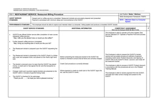 STANDARDS OF OPERATION AND SERVICE
MINIMUM GUEST SERVICE STANDARDS - FOOD AND BEVERAGE
FB11: RESTAURANT SERVICE: Restaurant Billing Procedure Job Position: Waiter / Waitress
GUEST SERVICE
STANDARD
Dessert and/ or coffee service is completed. Restaurant dockets are accurately prepared and presented.
Payment is processed with minimum delay and inconvenience to the GUEST.
Skills Development Framework: FSSP3
XX10 – Maintain Data in a Computer
System
PERFORMANCE STANDARD The employee should be able to capture and maintain data in a computer / billing system and produce a complete GUEST docket.
GUEST SERVICE STANDARD ADDITIONAL INFORMATION COMPETENCY ASSESSMENT
What must the Employee KNOW/ BE ABLE TO DO)
√
• GUESTS are offered further service after completion of main course
(desserts/ coffee service).
"May I offer you the dessert menu or would you like coffee?"
• Further dessert/ coffee service is completed.
"May I bring you anything else or would you like your bill?
• The Restaurant docket is prepared upon the GUEST requesting the
bill.
• The Restaurant docket is presented to the GUEST (Host) in a folder,
with a pen and wrapped mints, and placed on the Host's right hand
side.
• The docket is removed once it is seen that the GUEST has placed
money, a credit card or has signed the bill, and the transaction is
processed.
• Change/ credit card vouchers/ signed dockets are presented to the
GUEST within 2 minutes of payment being made.
• The GUEST is thanked for his patronage.
"Thank you Mr ......., I do hope you have a pleasant evening."
Before presenting the restaurant docket to the GUEST the
docket is checked to ensure that all items are correctly charged.
Credit Card procedure is correctly followed.
Where payment is made by credit card or the GUEST signs the
bill, use the GUEST's name -
The employee is able to operate a till point/ register (See
Service Standard G7: Operate a Payment Point and process
Payments.
The Employee is able to prepare the GUEST's docket,
receive and accurately process all methods of payment
(including credit cards, Prokard discounts, and signing of
GUEST bills to the GUEST's Room account.) and close off
the restaurant docket.
The employee is able to process a GUEST Prokard discount
in accordance with the procedures set out in the Prokard
Training Manual.
The employee is able to receive payment from the GUEST,
calculate and make correct change and present to the
GUEST.
 