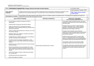 STANDARDS OF OPERATION AND SERVICE
MINIMUM GUEST SERVICE STANDARDS - FOOD AND BEVERAGE
FB18: CONFERENCE/ BANQUETING: Prepare, Service and Clear Function Rooms Job Position: Waiter
GUEST SERVICE
STANDARD
Conference Rooms are set up as per the GUEST's requirements and the Function Sheet. All equipment is correctly set up and
checked prior to the Conference taking place. The Function Room is clean and tables laid to the required standard.
Skills Development Framework: FSSP1
FS08 – Prepare, Service and Clear
Function Rooms
PERFORMANCE STANDARD
Each Employee must be able to prepare Function Rooms for service in an effective, hygienic and organised manner. The Employee must understand the importance of
preparing the service area within the specified time frames.
GUEST SERVICE STANDARD ADDITIONAL INFORMATION COMPETENCY ASSESSMENT
What must the Employee KNOW/ BE ABLE TO DO)
√
• Function Sheets are checked to ascertain the GUEST's
requirements.
• Carpets and floor coverings are vacuumed and cleaned.
• Tables and chairs are set up to the required room layout
specifications. Chairs are checked that they are clean and free of
debris and in good repair.
• Tables are laid with the appropriate linen/ coverings. Linen is free
from tears and damage.
• Glassware, Water Jugs, Cordials etc. are placed on the table in
accordance with set procedures
• Corporate stationery, conference pads, pencils, etc are placed on
the table in accordance with set procedures
• Flip Charts are free from damage and positioned in a sturdy
position as per the Function Sheet. Sufficient Flip Chart paper is
available.
• Sufficient pens are provided for the Flip Chart. Pens are checked
that all are working.
• All audio visual equipment is set up according to the Function
Sheet. Equipment is correctly set and checked to be in correct
working order. Sufficient extension leads are available for use if
required.
• Function Room lighting is checked, all light bulbs and switches
are in working order.
• Airconditioning controls are checked and set.
• Music/ audio systems are checked.
Electrical leads are safely secured or covered.
The employee is able to ascertain the correct room layout,
seating plan, equipment set-up and other requirements from
the function sheet.
Employee is able to lay up Room in appropriate style,
ensuring the cleanliness of linen, crockery, cutlery and
glassware, in accordance with the service standards,
efficiently and with due regard to work flow.
Employee is able to assemble various conference
equipment, incl. audio-visual equipment to the requirements
of the organiser, with due regard to safety and security of
personnel and equipment.
Employee is able to advise GUEST on carvery/ buffet
service. The employee is able to serve drinks and food
orders to the standards laid down, and is knowledgeable on
the methods of service and accompaniments for each dish.
The employee is able to set up and serve tea/ coffee/
beverages as required and to the laid down standard.
The employee is able to take an equipment stock count and
complete a correct inventory control and records for audio-
visual equipment and other conference equipment and
furniture.
 