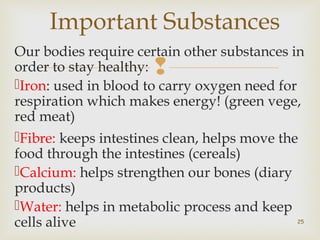 Important Substances 
Our bodies require certain other substances in 
order to stay healthy: 
 
Iron: used in blood to carry oxygen need for 
respiration which makes energy! (green vege, 
red meat) 
Fibre: keeps intestines clean, helps move the 
food through the intestines (cereals) 
Calcium: helps strengthen our bones (diary 
products) 
Water: helps in metabolic process and keep 
cells alive 
25 
 