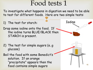 Food tests 1 
To investigate what happens in digestion we need to be able 
to test for different foods. Here are two simple tests: 
 
1) The test for starch: 
Drop some iodine onto the food. If 
the iodine turns BLUE/BLACK then 
STARCH is present. 
2) The test for simple sugars (e..g 
glucose) 
Boil the food with some Benedict’s 
solution. If an orange 
“precipitate” appears then the 
food contains simple sugars 
Iodine 
41 
 
