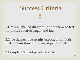 Success Criteria 
 
1.Draw a labelled diagram to show how to test 
for protein, starch, sugar and fats 
2.Give the positive results expected for foods 
that contain starch, protein, sugar and fat. 
3.Complete Scipad pages 149-154 
43 
 