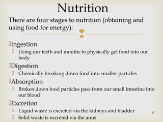 Nutrition 
There are four stages to nutrition (obtaining and 
using food for energy): 
 
Ingestion 
 Using our teeth and mouths to physically get food into our 
body 
Digestion 
 Chemically breaking down food into smaller particles 
Absorption 
 Broken down food particles pass from our small intestine into 
our blood 
Excretion 
 Liquid waste is excreted via the kidneys and bladder 
 Solid waste is excreted via the anus 
47 
 