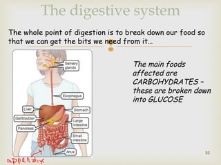 The digestive system 
The whole point of digestion is to break down our food so 
that we can get the bits we need from it… 
 
The main foods 
affected are 
CARBOHYDRATES – 
these are broken down 
into GLUCOSE 
52 
 