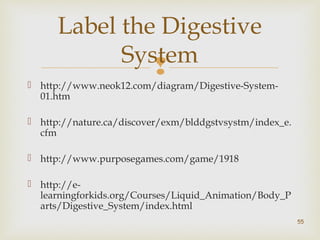 Label the Digestive 
System 
 
 http://www.neok12.com/diagram/Digestive-System- 
01.htm 
 http://nature.ca/discover/exm/blddgstvsystm/index_e. 
cfm 
 http://www.purposegames.com/game/1918 
 http://e-learningforkids. 
org/Courses/Liquid_Animation/Body_P 
arts/Digestive_System/index.html 
55 
 
