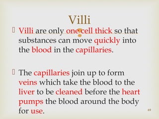 Villi 
 Villi are only one cell thick so that 
substances can move quickly into 
the blood in the capillaries. 
 The capillaries join up to form 
veins which take the blood to the 
liver to be cleaned before the heart 
pumps the blood around the body 
for use. 
69 
 