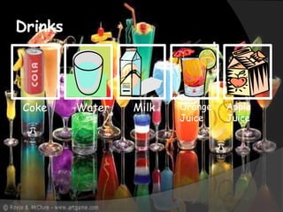 DrinksCokeWaterMilkOrange JuiceApple Juice
