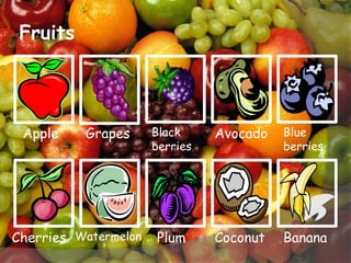 FruitsAppleGrapesBlack berriesAvocadoBlue berriesCherriesWatermelonPlumCoconutBanana