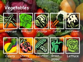VegetablesAspargusBroccoliCabbageCarrotCauliflowerCeleryCherry tomatoesCucumberGreen pepperLettuce