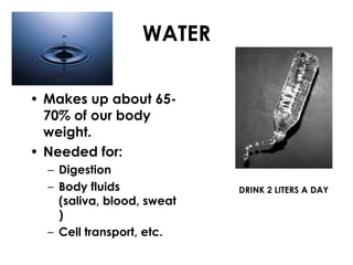 WATER

• Makes up about 65-
  70% of our body
  weight.
• Needed for:
  – Digestion
  – Body fluids             DRINK 2 LITERS A DAY
    (saliva, blood, sweat
    )
  – Cell transport, etc.
 