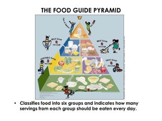 THE FOOD GUIDE PYRAMID




• Classifies food into six groups and indicates how many
  servings from each group should be eaten every day.
 