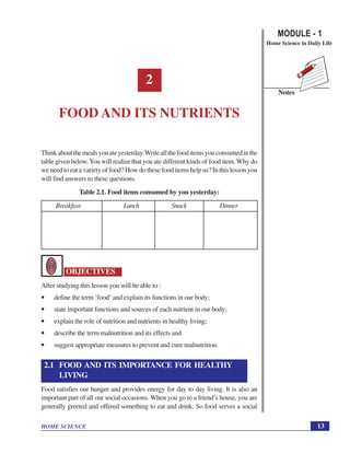 MODULE - 1
Home Science in Daily Life
13HOME SCIENCE
Notes
Food and its Nutrients
2
FOOD AND ITS NUTRIENTS
Thinkaboutthemealsyouateyesterday.Writeallthefooditemsyouconsumedinthe
table given below.You will realize that you ate different kinds of food item. Why do
we need to eat a variety of food? How do these food items help us? In this lesson you
will find answers to these questions.
Table 2.1. Food items consumed by you yesterday:
Breakfast Lunch Snack Dinner
OBJECTIVES
After studying this lesson you will be able to :
• define the term ‘food’ and explain its functions in our body;
• state important functions and sources of each nutrient in our body;
• explain the role of nutrition and nutrients in healthy living;
• describe the term malnutrition and its effects and
• suggest appropriate measures to prevent and cure malnutrition.
2.1 FOOD AND ITS IMPORTANCE FOR HEALTHY
LIVING
Food satisfies our hunger and provides energy for day to day living. It is also an
important part of all our social occasions. When you go to a friend’s house, you are
generally greeted and offered something to eat and drink. So food serves a social
 