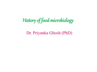 History of food microbiology
Dr. Priyanka Ghosh (PhD)
 