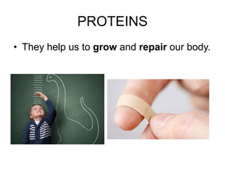 PROTEINS
• They help us to grow and repair our body.