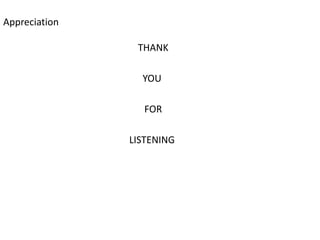 Appreciation
THANK
YOU
FOR
LISTENING
 