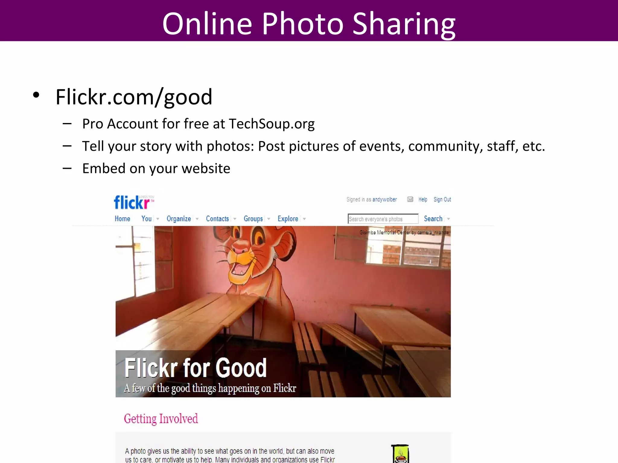 Online Photo Sharing Flickr.com/good Pro Account for free at TechSoup.org Tell your story with photos: Post pictures of events, community, staff, etc. Embed on your website 