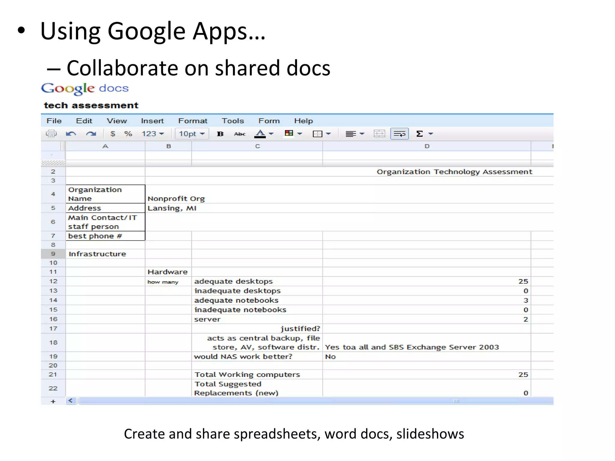 Using Google Apps… Collaborate on shared docs Create and share spreadsheets, word docs, slideshows 