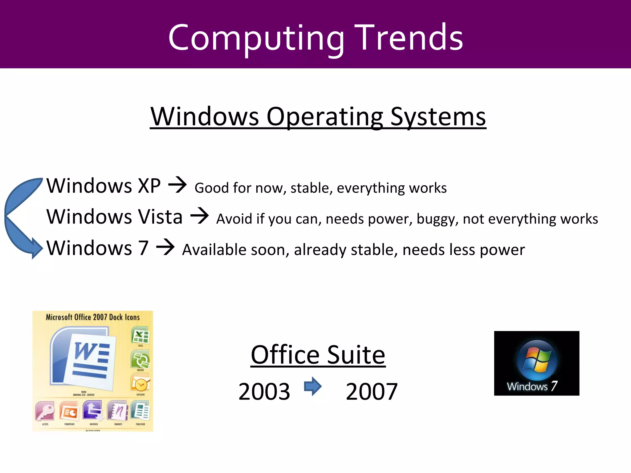 Windows Operating Systems Windows XP     Good for now, stable, everything works Windows Vista     Avoid if you can, needs power, buggy, not everything works  Windows 7     Available soon, already stable, needs less power  Office Suite 2003  2007 Computing Trends 