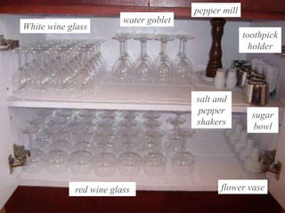 pepper mill

White wine glass

water goblet
toothpick
holder

salt and
pepper
shakers

red wine glass

sugar
bowl

flower vase

 