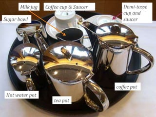Milk jug

Coffee cup & Saucer

Sugar bowl

Demi-tasse
cup and
saucer

coffee pot
Hot water pot

tea pot

 