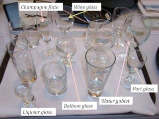 Champagne flute

Wine glass

Port glass
Balloon glass
Liqueur glass

Water goblet

 