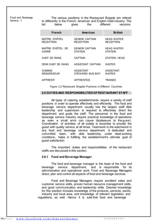 19 | P a g e w w w . f a c e b o o k . c o m / i h m s u n i l k u m a r 9 9 9 6 0 0 0 4 9 9
Food and Beverage
Service - I
The various positions in the Restaurant Brigade are refered
to differently in the French, American and English hotel industry. The
list below gives the different versions.
French American British
MAÎTRE D'HÔTEL
RÉCEPTION
SENIOR CAPTAIN
RECEPTION
HEAD WAITER
RECEPTION
MAÎTRE D'HÔTEL DE SENIOR CAPTAIN HEAD WAITER
CARRÉ STATION STATION
CHEF DE RANG CAPTAIN STATION HEAD
DEMI CHEF DE RANG ASSISTANT CAPTAIN WAITER
COMMIS
DEBARSSEUR
ASSISTANT
STEWARD/ BUS BOY
ASSISTANT
WAITER
APPRENTI APPRENTICE TRAINEE
Figure 2.2 Restaurant Brigade Positions in Different Countries
2.6 DUTIESAND RESPONSIBILITIESOFRESTAURANT STAFF
All types of catering establishments require a variety of staff
positions in order to operate effectively and efficiently. The food and
beverage service department usually has the largest staff. Able
leadership and supervision is required to effectively direct the
department and guide the staff. The personnel in the food and
beverage service industry require practical knowledge of operations
as even a small error can cause displeasure to the guest.
Coordination of activities of all outlets is essential to provide the
guest with quality service at all times. Teamwork is the watchword in
any food and beverage service department. A dedicated and
committed team, with able leadership, under ideal working
conditions, helps in fulfilling the establishment's ultimate goal of
guest satisfaction
The important duties and responsibilities of the restaurant
staffs are discussed in this section.
2.6.1 Food and Beverage Manager
The food and beverage manager is the head of the food and
beverage service department, and is responsible for its
administrative and operational work. Food and Beverage Managers
direct, plan and control all aspects of food and beverage services.
Food and Beverage Managers require excellent sales and
customer service skills, proven human resource management skills,
and good communication and leadership skills. Desired knowledge
for this position includes knowledge of the products, services, sector,
industry and local area, and knowledge of relevant legislation and
regulations, as well. Hence it is said that food and beverage
 