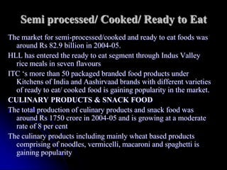 Semi processed/ Cooked/ Ready to Eat
The market for semi-processed/cooked and ready to eat foods was
  around Rs 82.9 billion in 2004-05.
HLL has entered the ready to eat segment through Indus Valley
  rice meals in seven flavours
ITC ‘s more than 50 packaged branded food products under
  Kitchens of India and Aashirvaad brands with different varieties
  of ready to eat/ cooked food is gaining popularity in the market.
CULINARY PRODUCTS & SNACK FOOD
The total production of culinary products and snack food was
  around Rs 1750 crore in 2004-05 and is growing at a moderate
  rate of 8 per cent
The culinary products including mainly wheat based products
  comprising of noodles, vermicelli, macaroni and spaghetti is
  gaining popularity
 