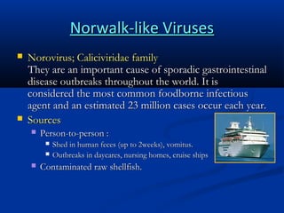 Norwalk-like Viruses




Norovirus; Caliciviridae family
They are an important cause of sporadic gastrointestinal
disease outbreaks throughout the world. It is
considered the most common foodborne infectious
agent and an estimated 23 million cases occur each year.
Sources


Person-to-person :





Shed in human feces (up to 2weeks), vomitus.
Outbreaks in daycares, nursing homes, cruise ships

Contaminated raw shellfish.

 