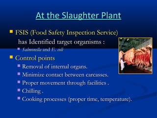 At the Slaughter Plant


FSIS (Food Safety Inspection Service)
has Identified target organisms :




Salmonella and E. coli

Control points
Removal of internal organs.
 Minimize contact between carcasses.
 Proper movement through facilities .
 Chilling .
 Cooking processes (proper time, temperature).


 