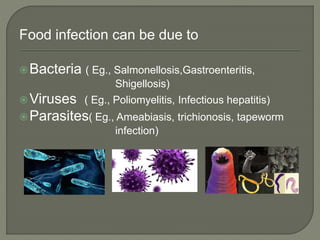 Food infection can be due to
Bacteria ( Eg., Salmonellosis,Gastroenteritis,
Shigellosis)
Viruses ( Eg., Poliomyelitis, I...
