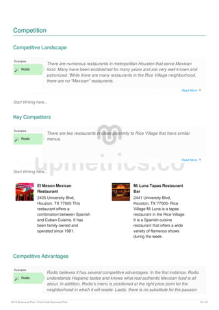 Competition
Competitive Landscape
Start Writing here...
Examples
 Rodio
There are numerous restaurants in metropolitan Houston that serve Mexican
food. Many have been established for many years and are very well known and
patronized. While there are many restaurants in the Rice Village neighborhood,
there are no "Mexican" restaurants.
Key Competitors
Start Writing here...
Examples
 Rodio
There are two restaurants in close proximity to Rice Village that have similar
menus.
El Meson Mexican
Restaurant
2425 University Blvd,
Houston, TX 77005 This
restaurant offers a
combination between Spanish
and Cuban Cuisine. It has
been family owned and
operated since 1981.
Mi Luna Tapas Restaurant
Bar
2441 University Blvd,
Houston, TX 77005- Rice
Village Mi Luna is a tapas
restaurant in the Rice Village.
It is a Spanish cuisine
restaurant that offers a wide
variety of flamenco shows
during the week.
Competitive Advantages
Examples
 Rodio
Rodio believes it has several competitive advantages. In the first instance, Rodio
understands Hispanic tastes and knows what real authentic Mexican food is all
about. In addition, Rodio's menu is positioned at the right price point for the
neighborhood in which it will reside. Lastly, there is no substitute for the passion
upmetrics.co
Read More 
Read More 
2019 Business Plan | Food Cafe Business Plan 15 / 24
 