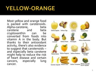 Most yellow and orange food
is packed with carotenoids.
Alpha-carotene, beta
carotene and beta
cryptoxanthin can be
converted from foods into
vitamin A in the body. But
thanks to their antioxidant
activity, there’s also evidence
to suggest that carotenoids –
and especially beta carotene
might help to reduce the risk
of heart disease and certain
cancers, especially lung
cancer.
5
 