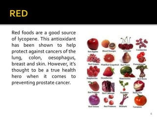 Red foods are a good source
of lycopene. This antioxidant
has been shown to help
protect against cancers of the
lung, colon, oesophagus,
breast and skin. However, it’s
thought to be a true health
hero when it comes to
preventing prostate cancer.
6
 