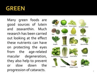 Many green foods are
good sources of lutein
and zeaxanthin. Much
research has been carried
out looking at the effect
these nutrients can have
on protecting the eyes
from the age-related
macular degeneration,
they also help to prevent
or slow down the
progression of cataracts. 7
 