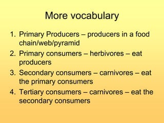 More vocabulary
1. Primary Producers – producers in a food
chain/web/pyramid
2. Primary consumers – herbivores – eat
producers
3. Secondary consumers – carnivores – eat
the primary consumers
4. Tertiary consumers – carnivores – eat the
secondary consumers

 