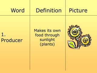 Word

1.
Producer

Definition

Makes its own
food through
sunlight
(plants)

Picture

 