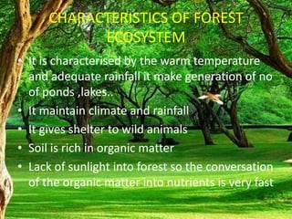 CHARACTERISTICS OF FOREST
ECOSYSTEM
• It is characterised by the warm temperature
and adequate rainfall it make generation of no
of ponds ,lakes..
• It maintain climate and rainfall
• It gives shelter to wild animals
• Soil is rich in organic matter
• Lack of sunlight into forest so the conversation
of the organic matter into nutrients is very fast
 