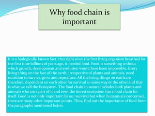 It is a biologically known fact, that right since the first living organism breathed for
the first time billions of years ago, it needed food. Food is something without
which growth, development and evolution would have been impossible. Every
living thing on the face of the earth, irrespective of plants and animals, need
nutrition to survive, grow and reproduce. All the living things on earth are
therefore, dependent on each other for survival in some way or the other and that
is what we call the Ecosystem. The food chain in nature includes both plants and
animals who are a part of it and even the tiniest ecosystem has a food chain for
itself. Food is not only important for our survival but when humans are concerned,
there are many other important points. Thus, find out the importance of food from
the paragraphs mentioned below.
Why food chain is
important
 