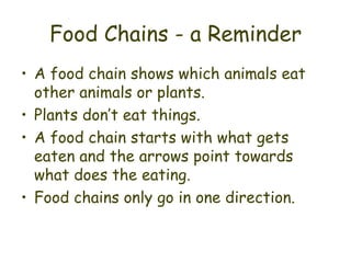 Food Chains - a Reminder A food chain shows which animals eat other animals or plants. Plants don’t eat things. A food chain starts with what gets eaten and the arrows point towards what does the eating. Food chains only go in one direction. 