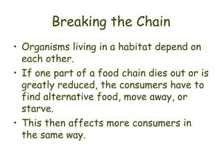 Breaking the Chain Organisms living in a habitat depend on each other. If one part of a food chain dies out or is greatly reduced, the consumers have to find alternative food, move away, or starve. This then affects more consumers in the same way.  