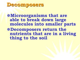 Decomposers
Microorganisms that are
able to break down large
molecules into smaller parts
Decomposers return the
nutrients that are in a living
thing to the soil
 