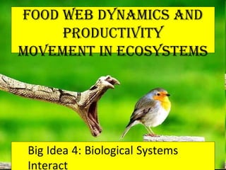 Food Web dynamics and
Productivity
movement in ecosystems
Big Idea 4: Biological Systems
Interact
 