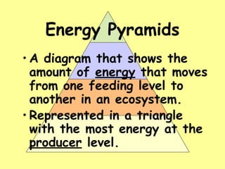 Energy Pyramids
• A diagram that shows the
amount of energy that moves
from one feeding level to
another in an ecosystem.
• Represented in a triangle
with the most energy at the
producer level.
 